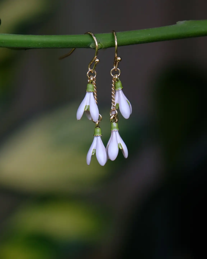 Snowdrop Flower Gold Tone Double Drop Hook Earrings