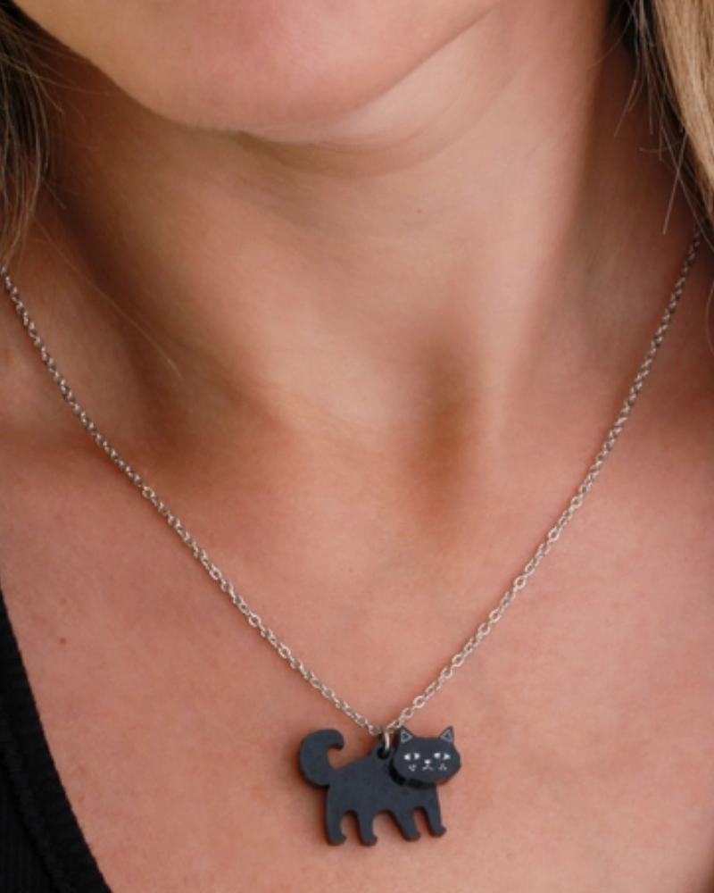 Mini Cat Charm Necklace Black & Cream