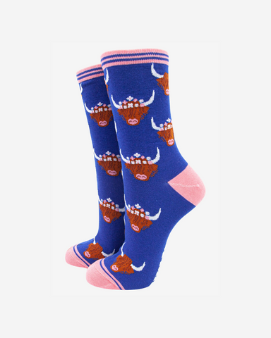 Highland Cow With Floral Crown Asst | Unisex Bamboo Socks