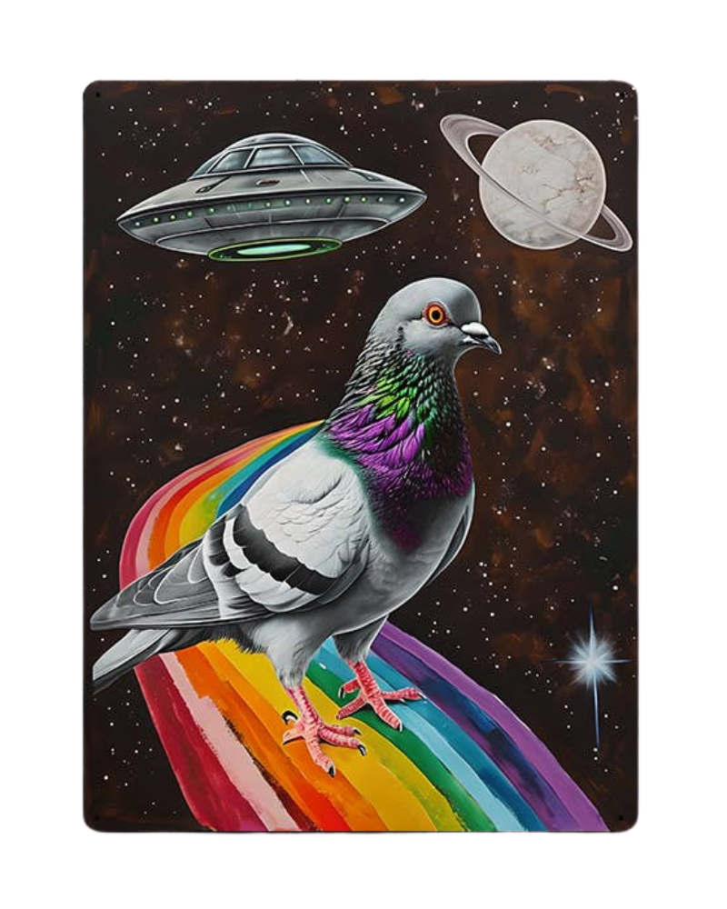 Cosmic Space Pigeon Metal Wall Sign Plaque 6x8inch