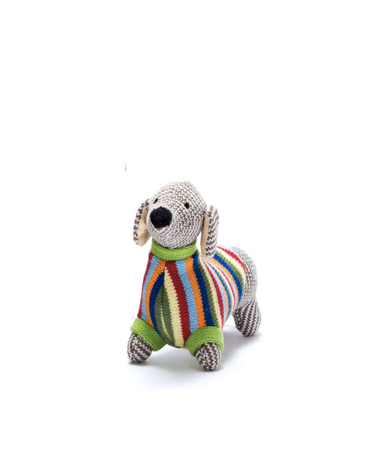 Dachshund Sausage Dog In Rainbow Striped Jumper Baby Rattle