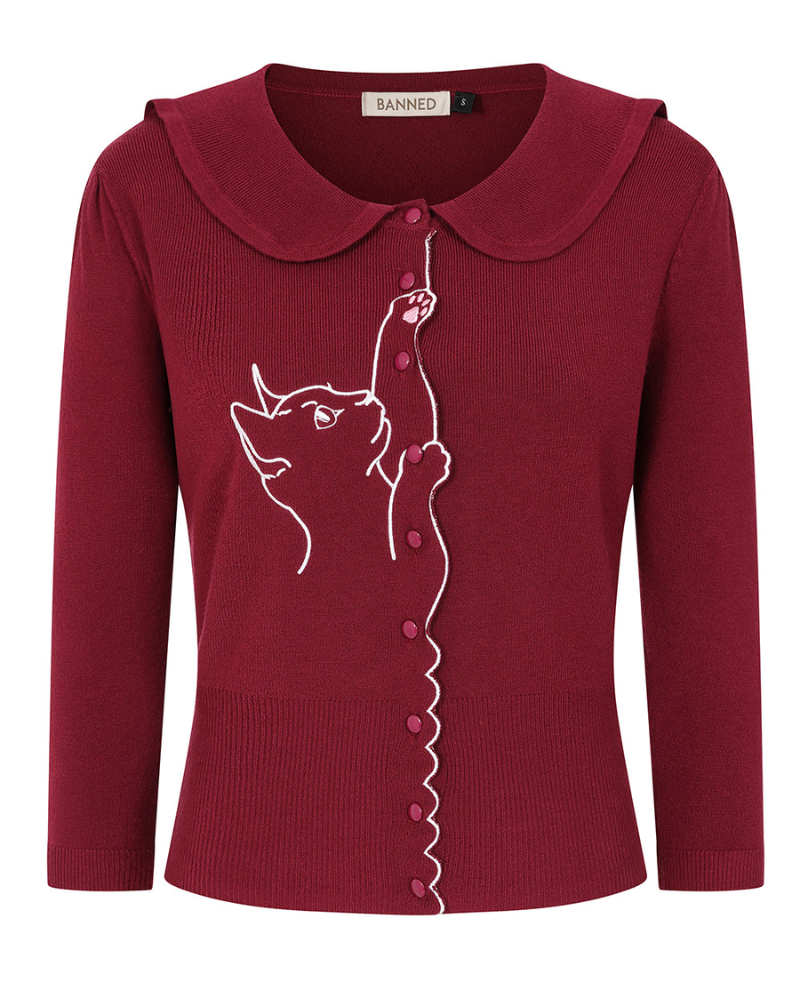 Burgundy Embroidered Cat Scalloped Collar Cardigan