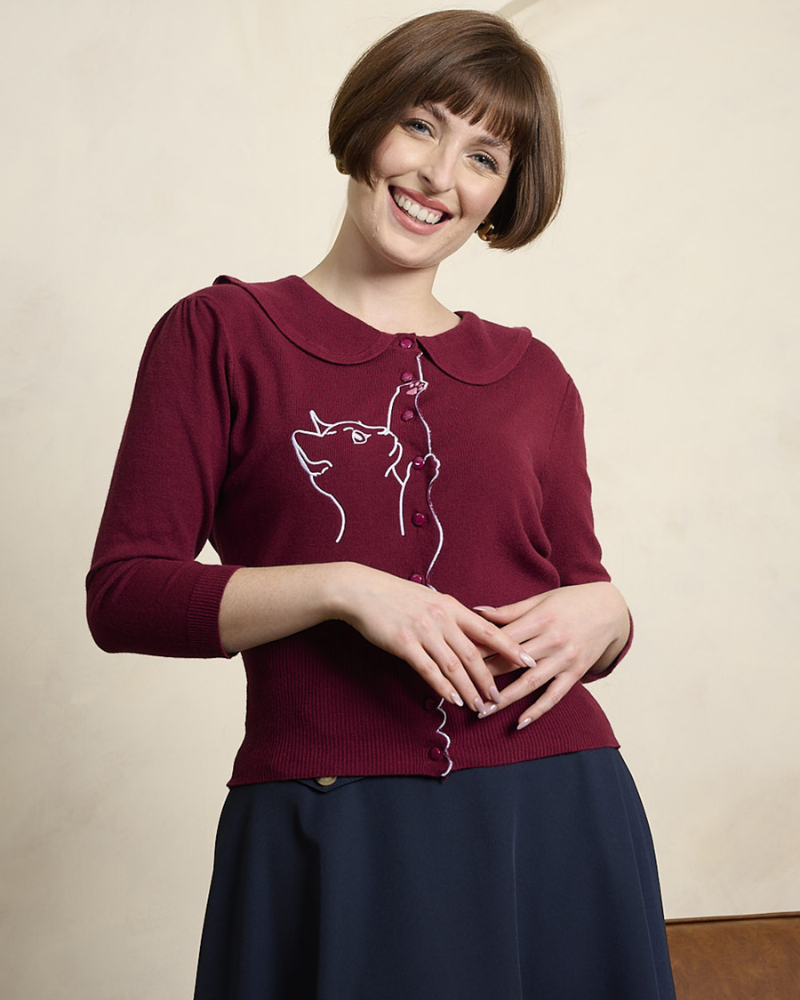 Burgundy Embroidered Cat Scalloped Collar Cardigan