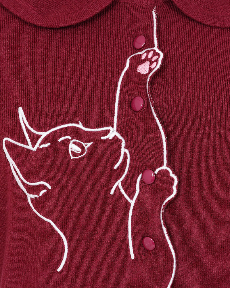 Burgundy Embroidered Cat Scalloped Collar Cardigan