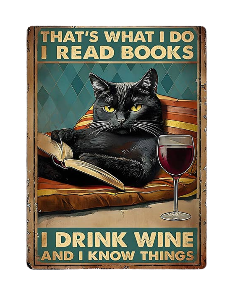 I Drink Wine Read Books Know Things Cat Metal Sign Plaque 6x8inch