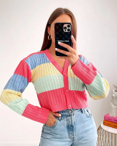 Coral Rainbow Stripe Pointelle Cardi