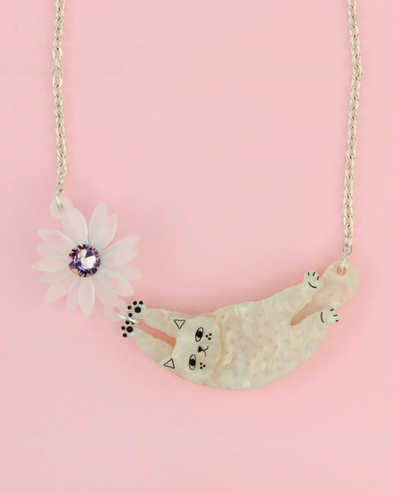 Cat & Big Flower Statement Necklace Black & Cream
