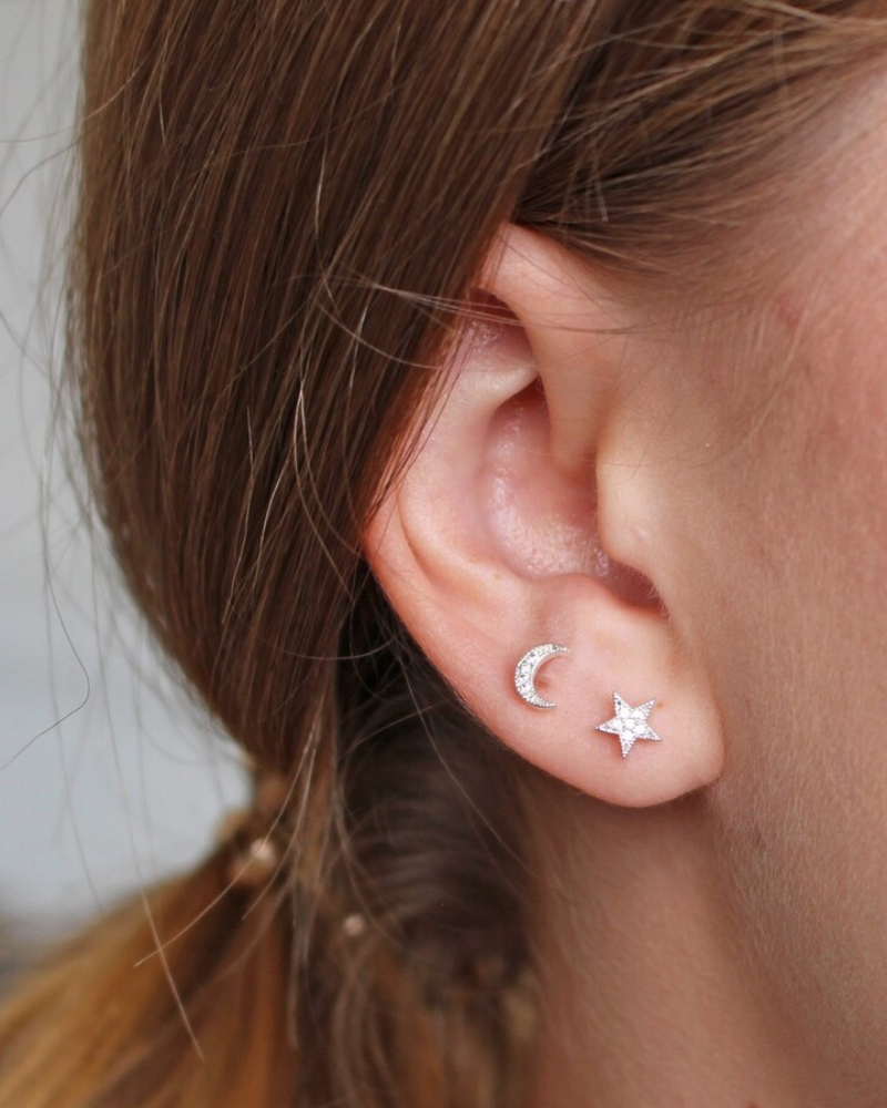 Crystal Moon and Star Silver Earrings