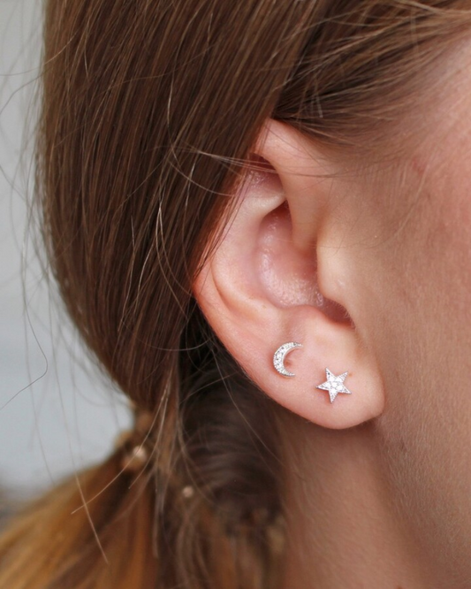 Crystal Moon and Star Silver Earrings