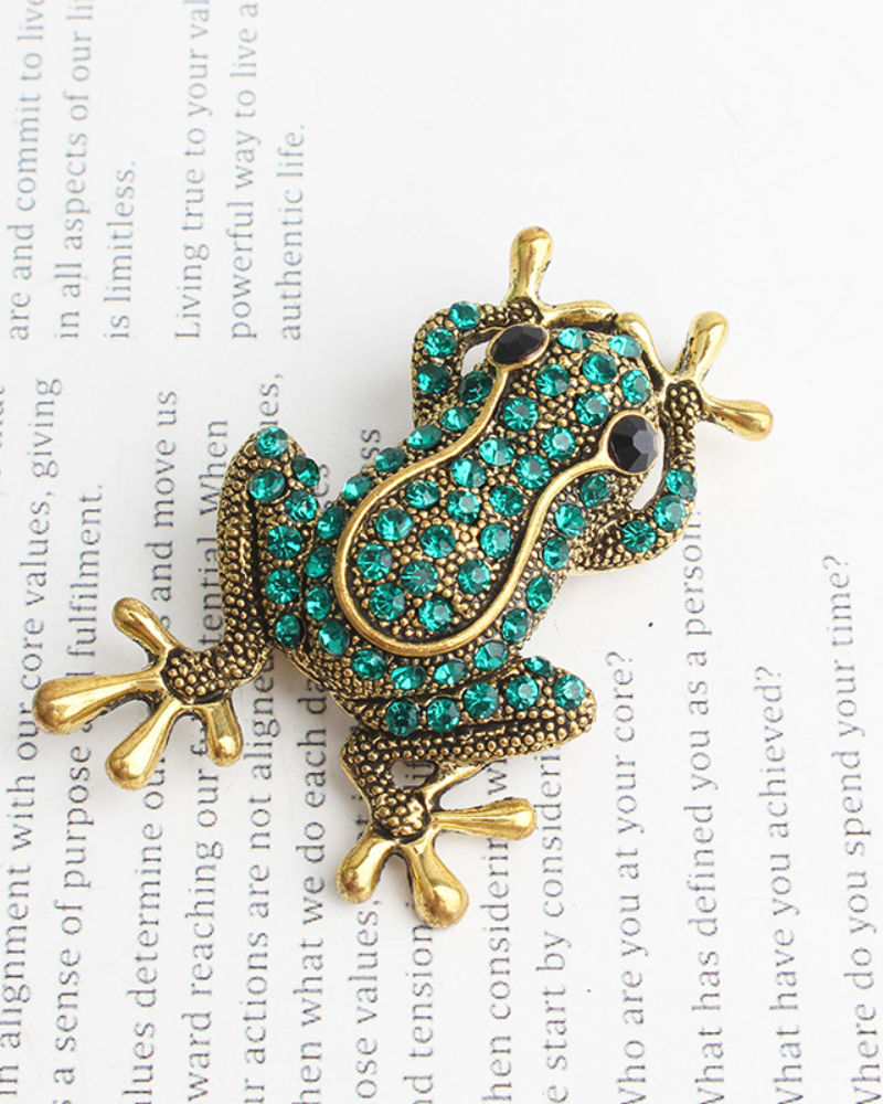 Rhinestone Gold & Green Frog Brooch