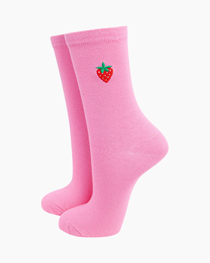 Embroidered Pink Strawberry Socks