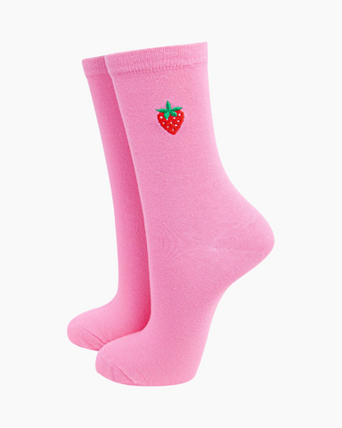 Embroidered Pink Strawberry Ladies Socks