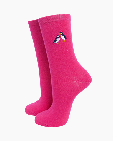 Embroidered Pink Puffin Ladies Socks
