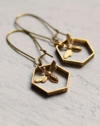 Bee Hexagon Honeycomb Drop Earrings