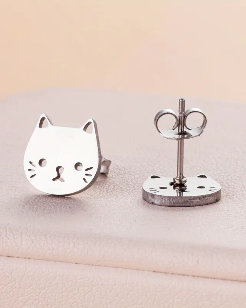 Cat Face Stud Earrings in Gold & Silver