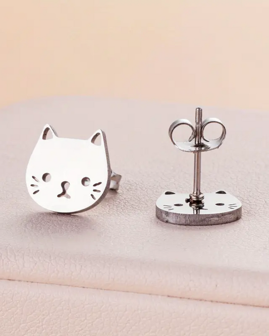 Cat Face Stud Earrings in Gold & Silver
