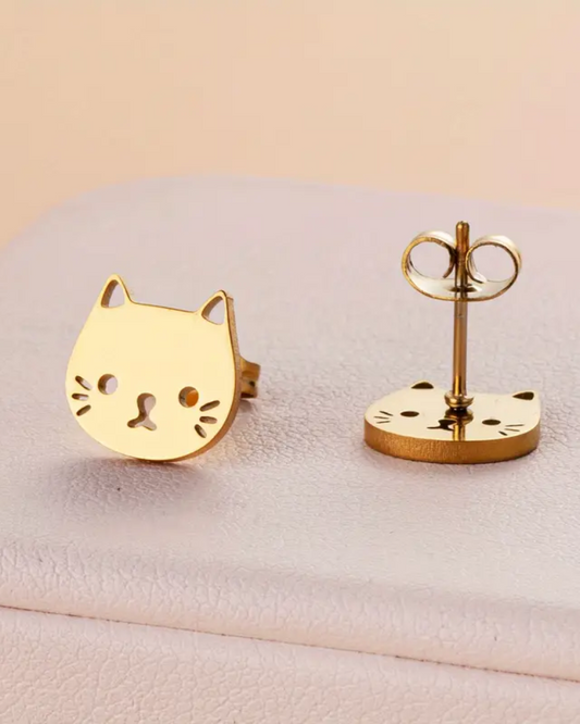 Cat Face Stud Earrings in Gold & Silver