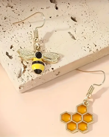 Bee And Honeycomb Mismatch Drop Earrings