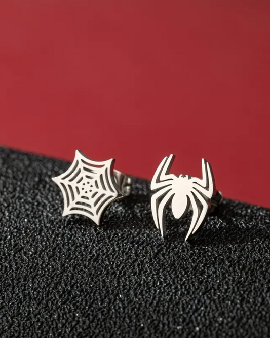 Spider Web Mismatch Stud Earrings in Black & Silver
