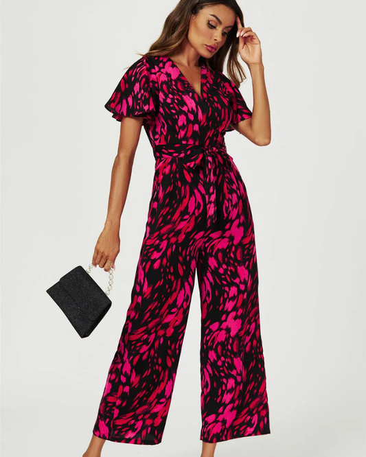 Pink Abstract Print Wrap Top Jumpsuit