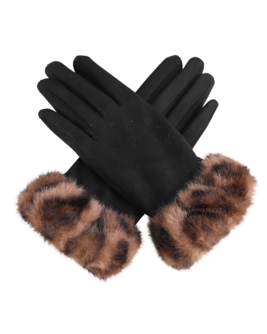 Faux Fur Leopard Cuff Gloves in Black