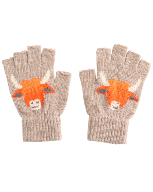 Fingerless Highland Cow Gloves in Mushroom