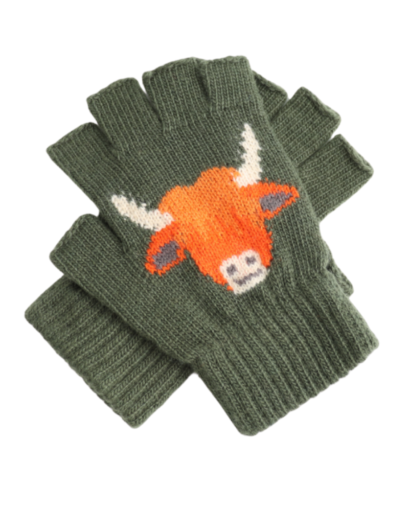 Fingerless Highland Cow Gloves in Olive