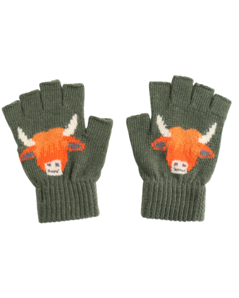 Fingerless Highland Cow Gloves in Olive