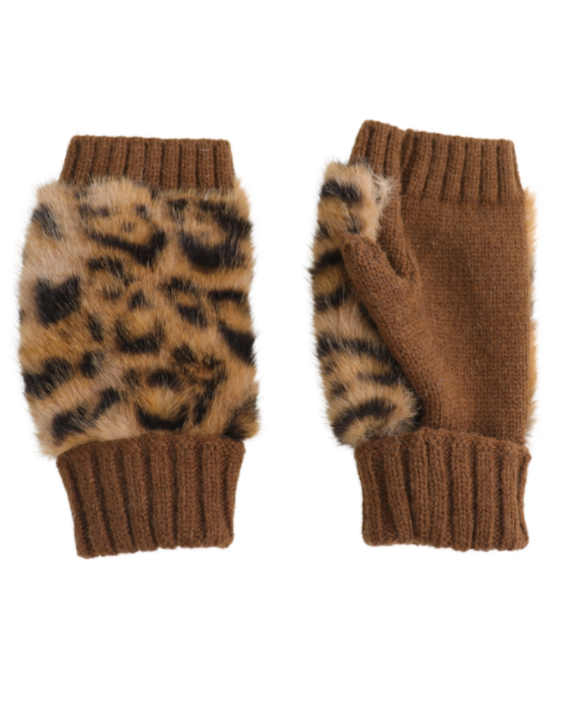 Faux Fur Leopard Fingerless Gloves