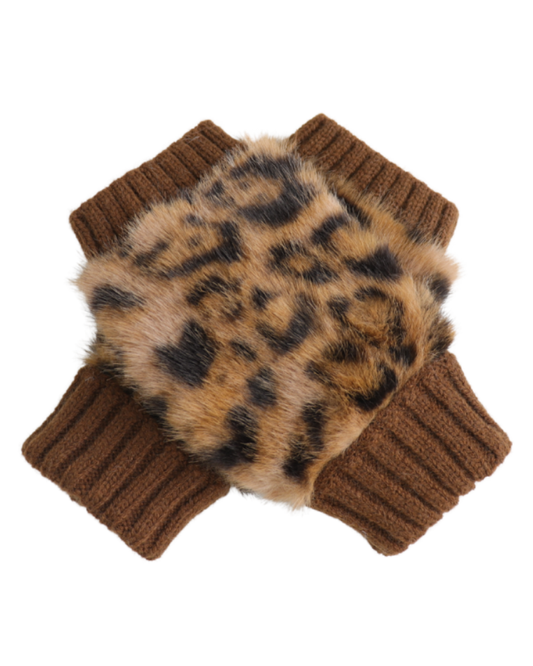 Faux Fur Leopard Fingerless Gloves
