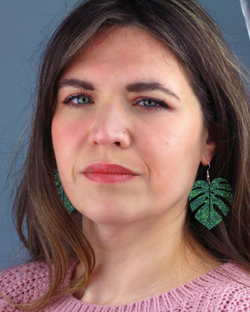 Glitter Monstera Drop Earrings