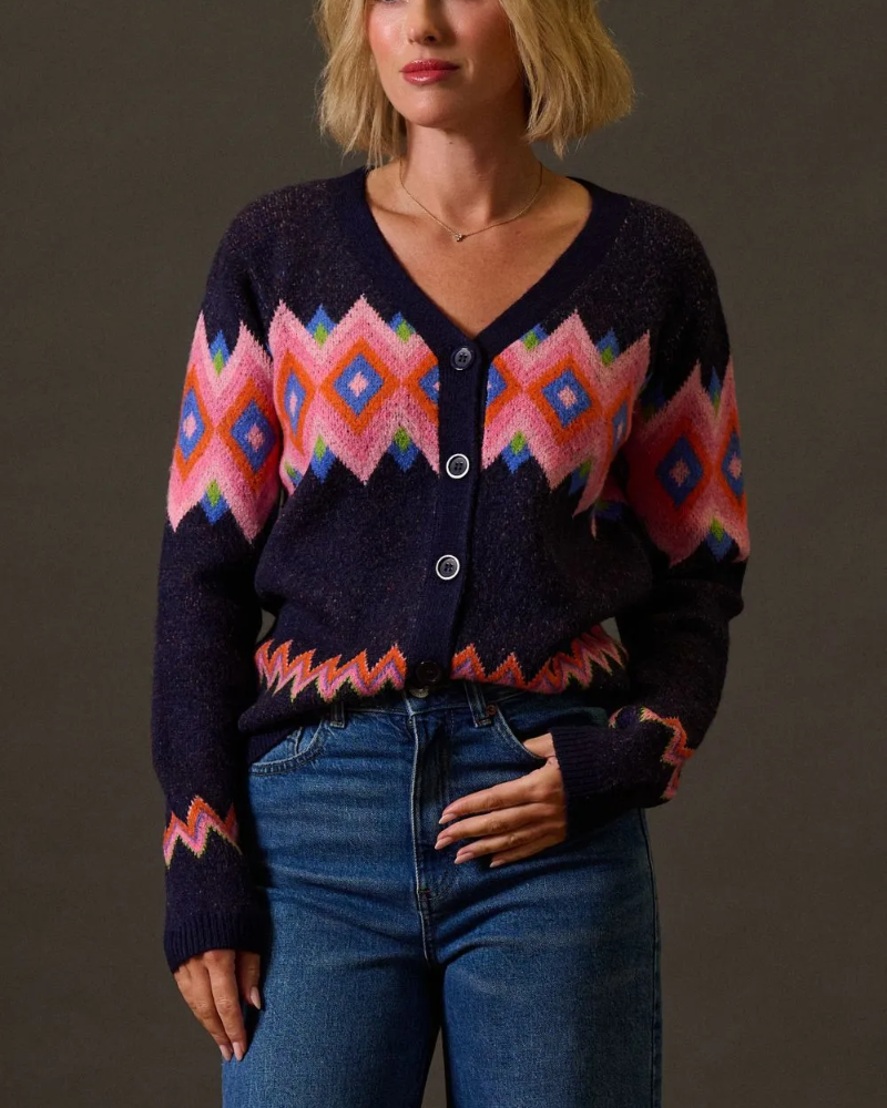 Izzy Navy Diamond Fair Isle Cardigan By Sugarhill Brighton