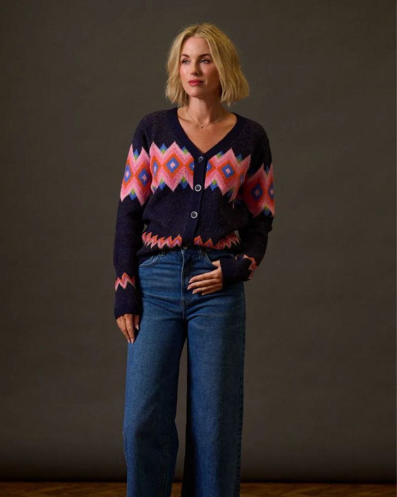 Izzy Navy Diamond Fair Isle Cardigan By Sugarhill Brighton