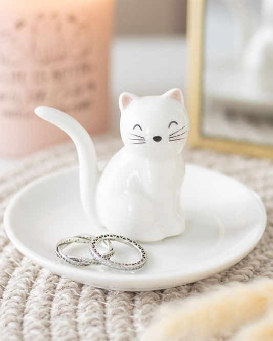 White Sitting Cat Ring Holder