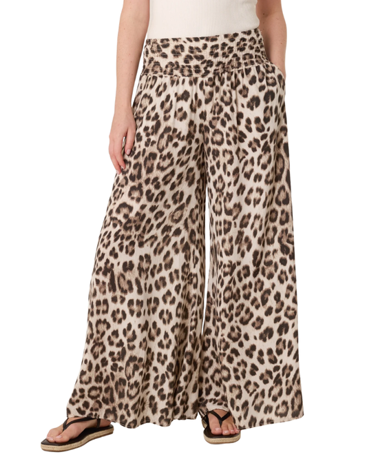 Leopard Print Elastic Wide Leg Trousers in Stone