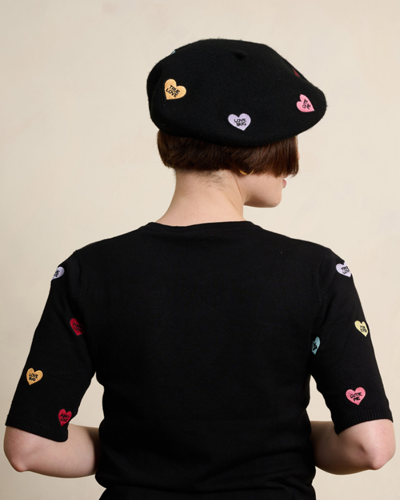 Black Ruby Love Hearts Beret Hat