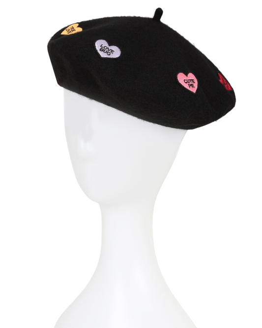 Black Ruby Love Hearts Beret Hat