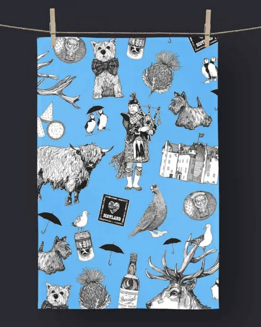 Love Scotland Cotton Tea Towel In Blue By Gillian Kyle