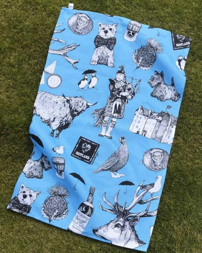 Love Scotland Cotton Tea Towel In Blue By Gillian Kyle