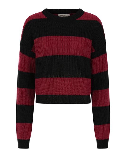 Mara Burgundy & Black Stripe Cropped Jumper