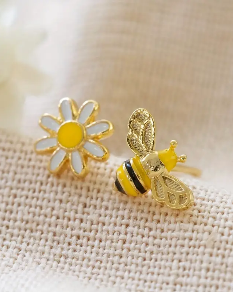 Bumble Bee Flower Enamel Mismatch Earrings