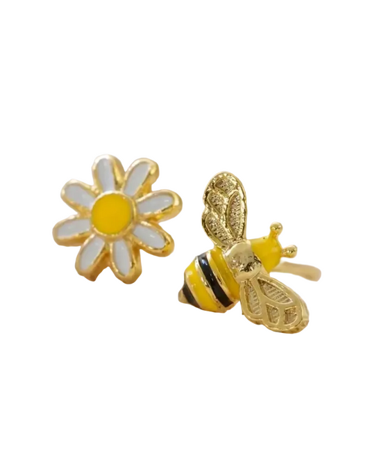 Bumble Bee Flower Enamel Mismatch Earrings