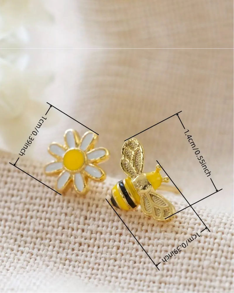 Bumble Bee Flower Enamel Mismatch Earrings