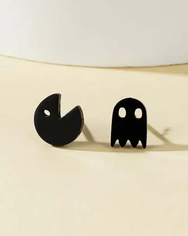 Pacman Arcade Ghost Mismatch Black Metal Earrings