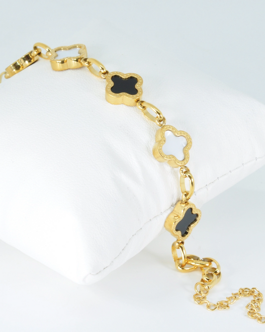 Black & White Four Leaf Clover Bracelet 18K Gold Plated