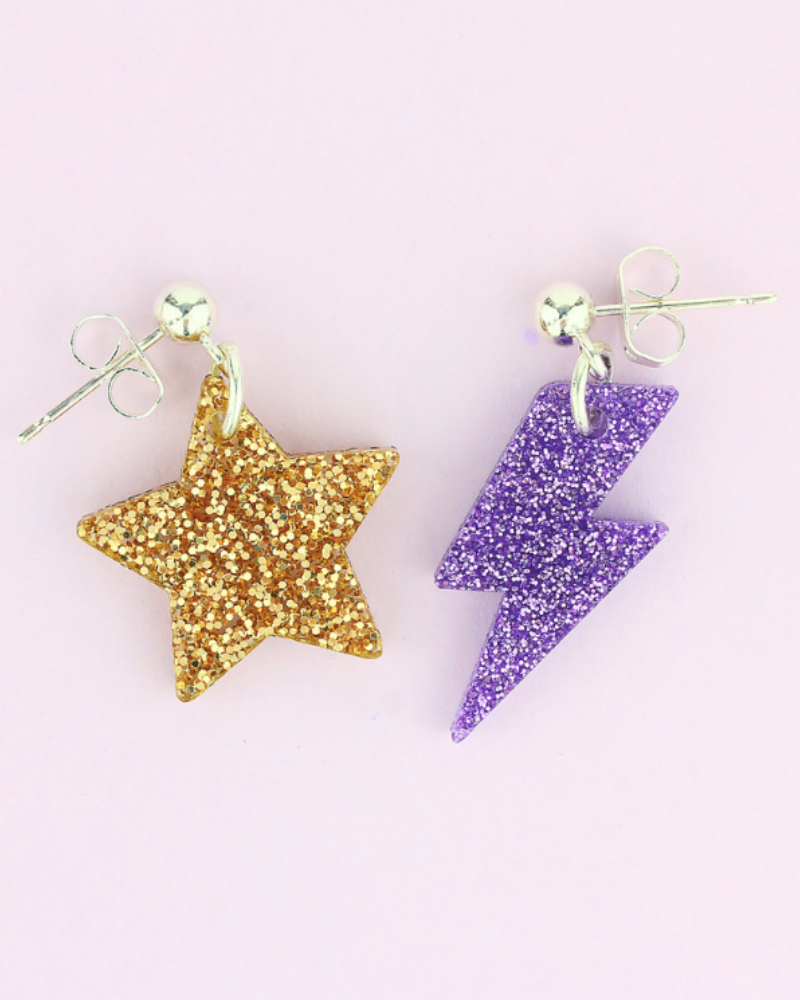 Mismatch Glitter Lightning Bolt And Star Earrings