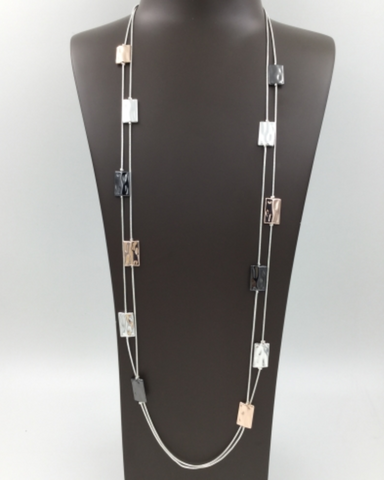 3 Tone Double Strands Hammered Squares Shapes Long Necklace