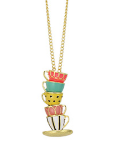 Mad Hatter Pastel Teacup Stack Gold Necklace