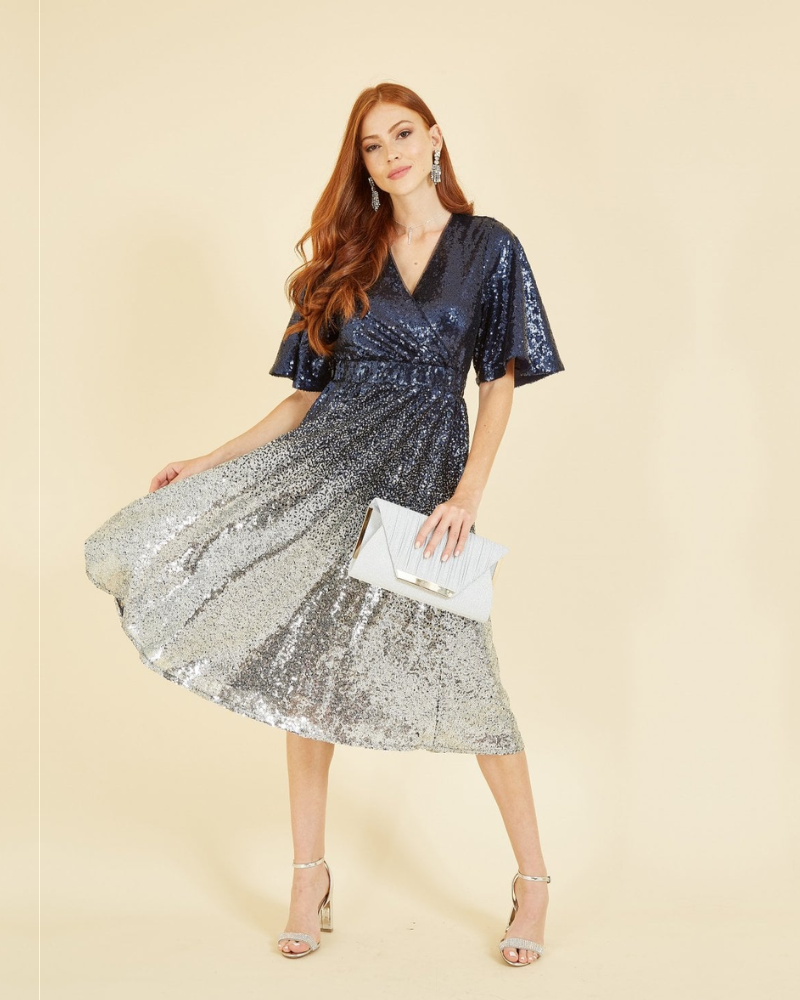 Ombre Sequinned Wrap Dress In Navy Silver By Yumi