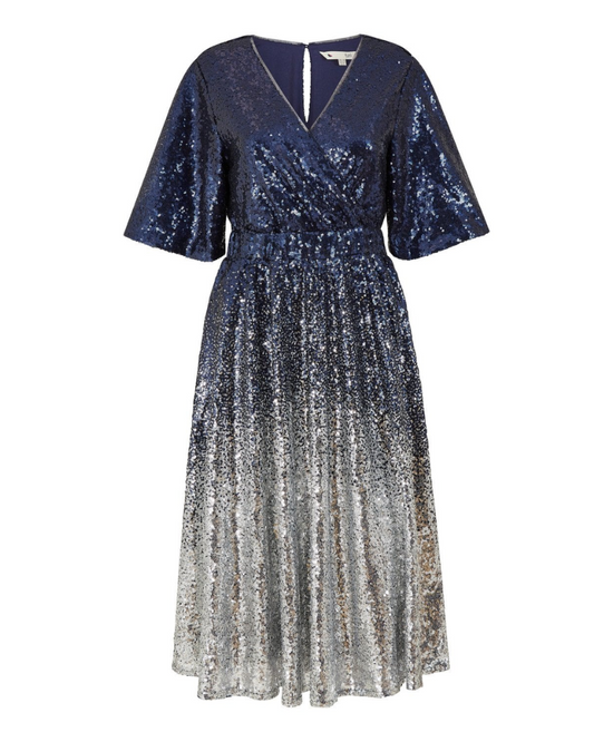 Ombre Sequinned Wrap Dress In Navy Silver